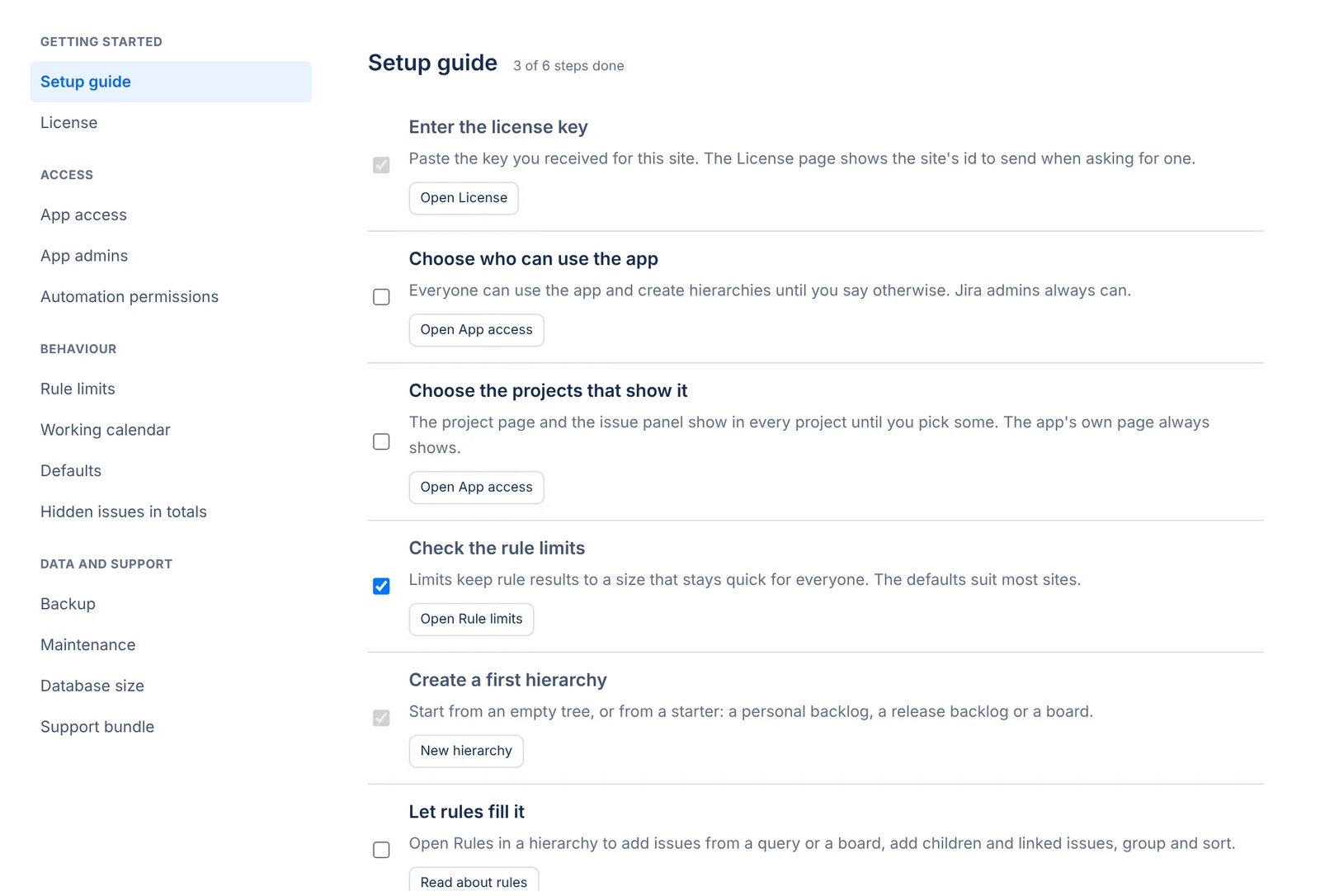 The app settings with the Setup guide open, three of six steps done, and a menu grouped into Getting started, Access, Behaviour, and Data and support.