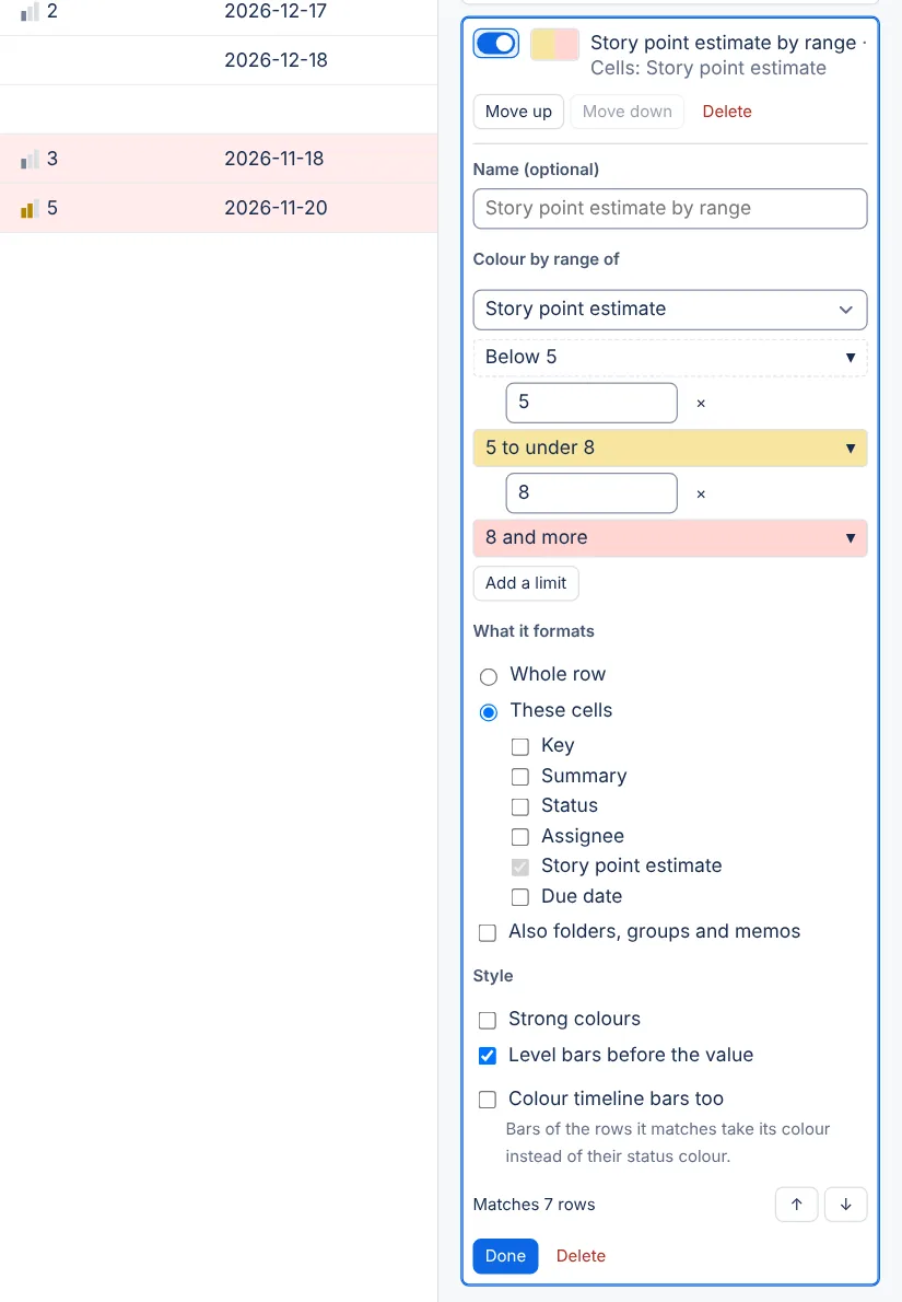 The Formatting panel with a Colour by range rule open in its editor: the bands as coloured chips, the limits between them and the number of matching rows