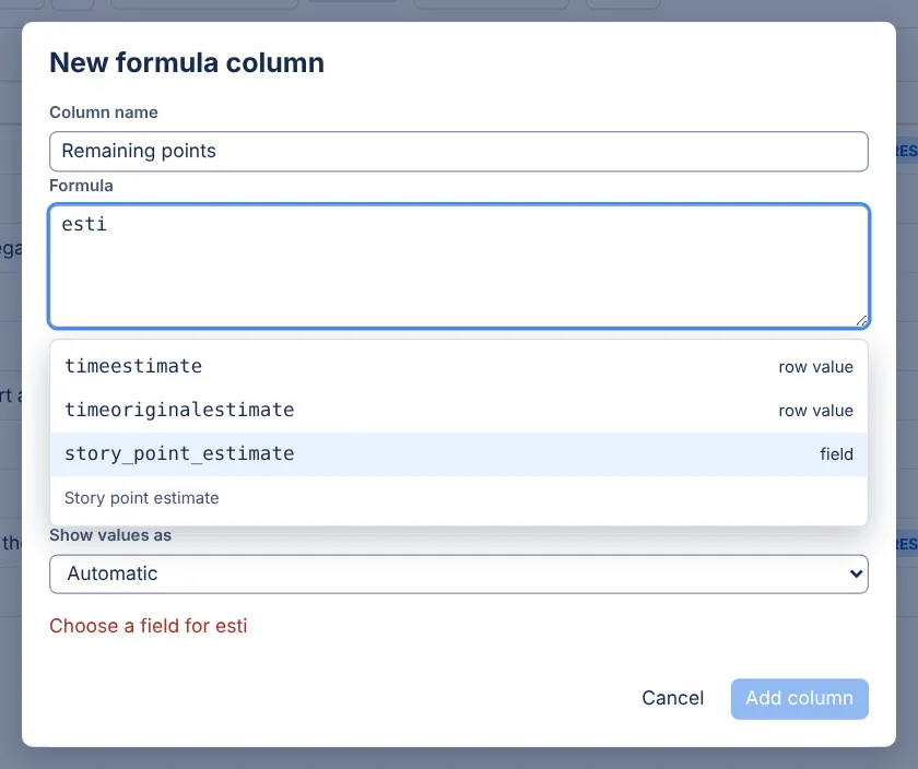 The New formula column dialog with the suggestion list open under the Formula box, with a field highlighted and its name in Jira on the line under the list.