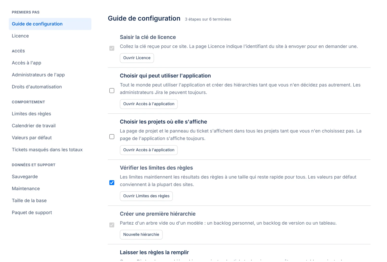 La page des paramètres de l'application dans l'administration de Jira, avec le menu par groupes à gauche