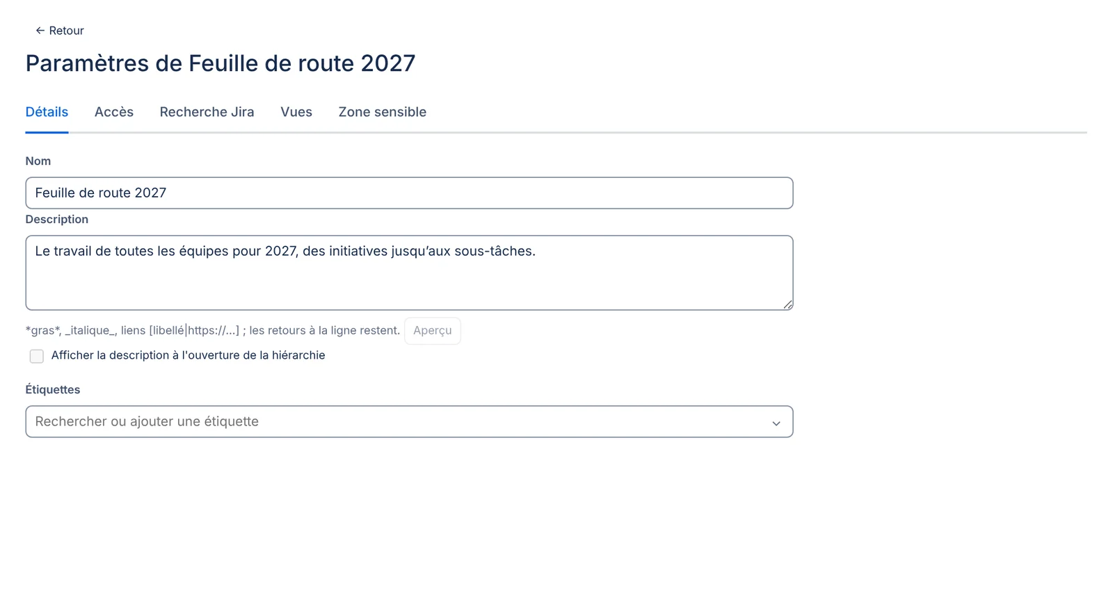 La page des paramètres de la hiérarchie, ouverte sur l'onglet Accès