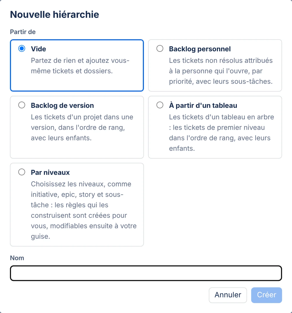 La fenêtre Nouvelle hiérarchie avec cinq points de départ : Vide, Backlog personnel, Backlog de version, À partir d’un tableau et Par niveaux.
