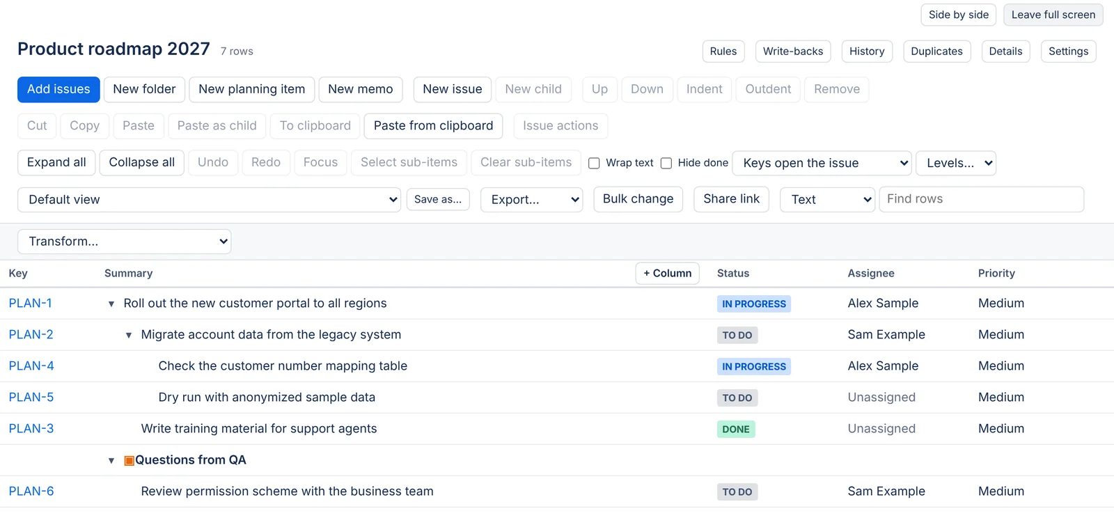 A hierarchy called Product roadmap 2027: an epic with stories and sub-tasks under it, a folder holding a task, and status, assignee and priority columns.