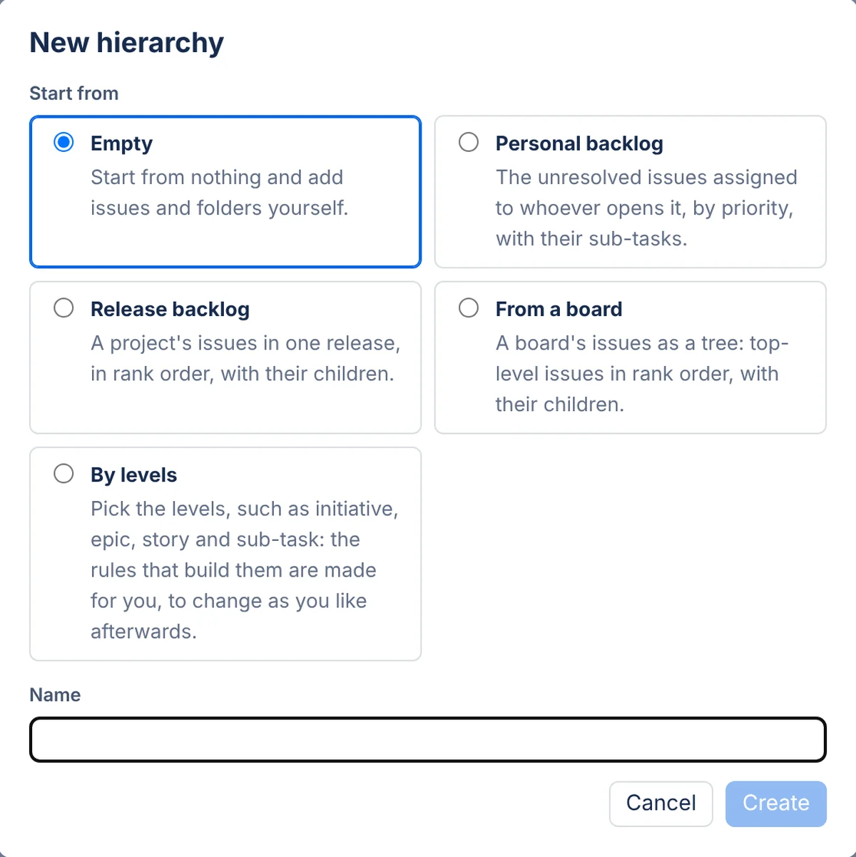 The New hierarchy dialog with five starting points: Empty, Personal backlog, Release backlog, From a board, and By levels.