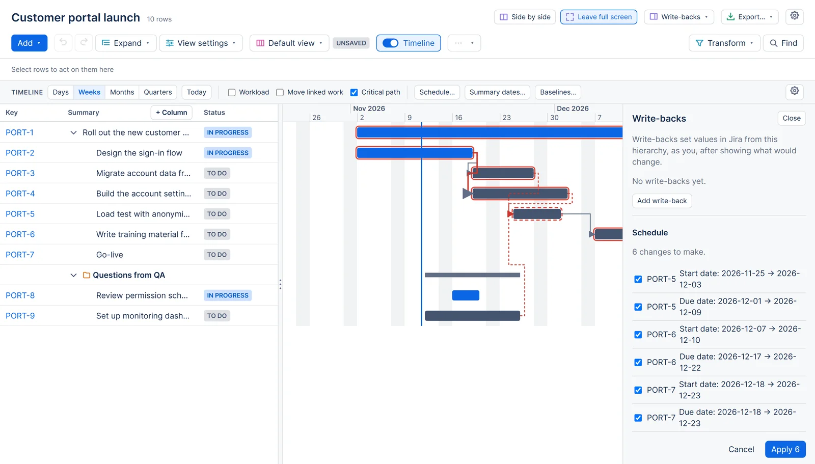 The Schedule preview in the Write-backs panel, listing each date it would move as old value and new value, above the Apply button