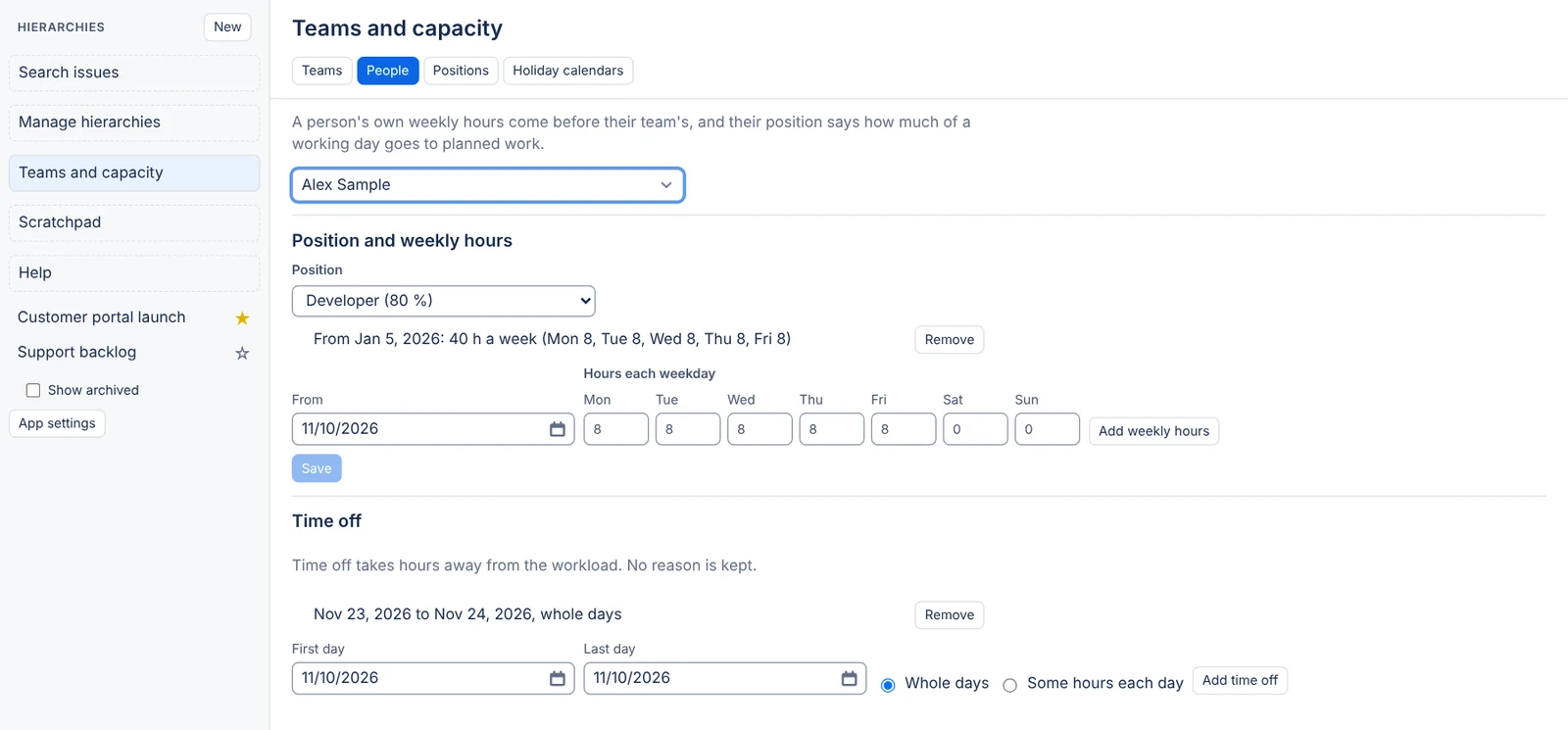 The People tab of Teams and capacity, open on one person: their position, their own weekly hours and two days of time off