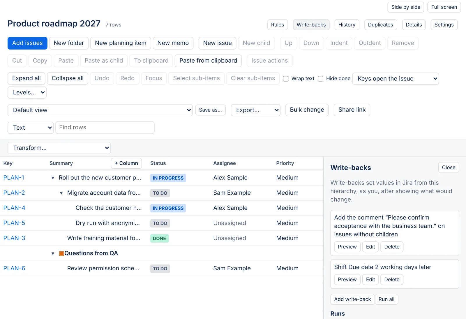 A hierarchy with the Write-backs panel open, listing a comment write-back and a Shift due date by two working days write-back, each with Preview, Edit and Delete.